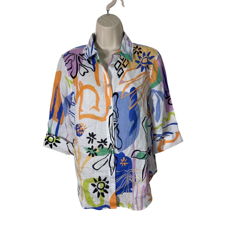 Chicos Shirt Womens 4 Colorful Linen Abstract Floral Button Front Tunic Artsy
